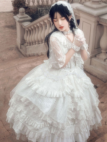 Lolita Wedding Dress Lolita JSK Dress Lace Ruffles Sleeveless White Sweet Lolita Jumper Skirts