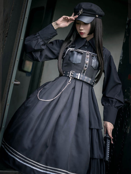 Lolitashow Gothic Lolita JSK Dress Military Style Black PU Chains  Dress Gothic Lolita Jumper Skirts