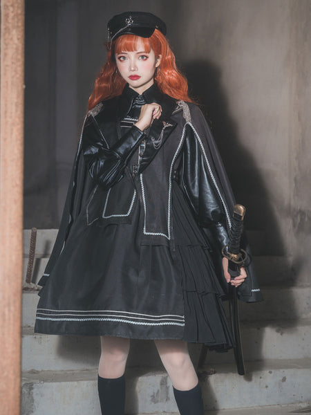 Lolitashow Gothic Lolita JSK Dress Military Style Black PU Chains  Dress Gothic Lolita Jumper Skirts