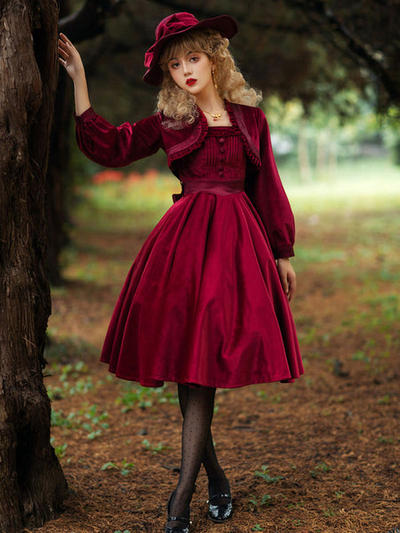 Lolitashow Sweet Lolita Dress Outfits Velour Long Sleeves Jumper Top Dress 2pcs Set