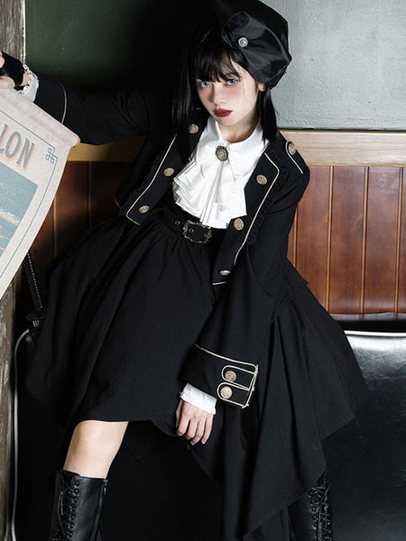 Military Style Lolita 2 Pieces Set Metal Details Long Sleeve Black Outfits