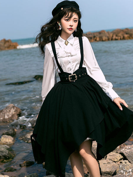 Military Style Lolita 2 Pieces Set Metal Details Long Sleeve Black Outfits
