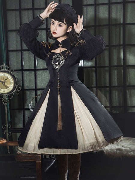 Military Style Lolita OP Dress Floral Print Long Sleeve Polyester Black Army Lolita One Piece Dress