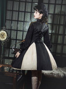Military Style Lolita OP Dress Floral Print Long Sleeve Polyester Black Army Lolita One Piece Dress