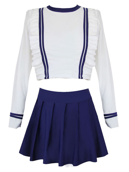 Navy Style Lolita Outfits White Ruffles Long Sleeves Lolita Swimming Suit