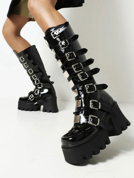 PU Leather Lolita Boots Round Toe Black Lolita Footwear
