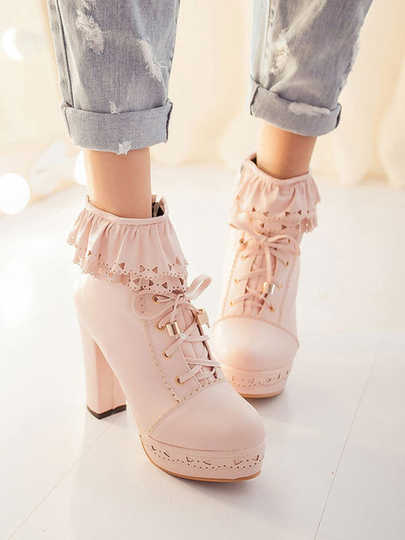 Pink Lolita Boots PU Leather Round Toe Chunky Heel Low Tops Lolita Footwear