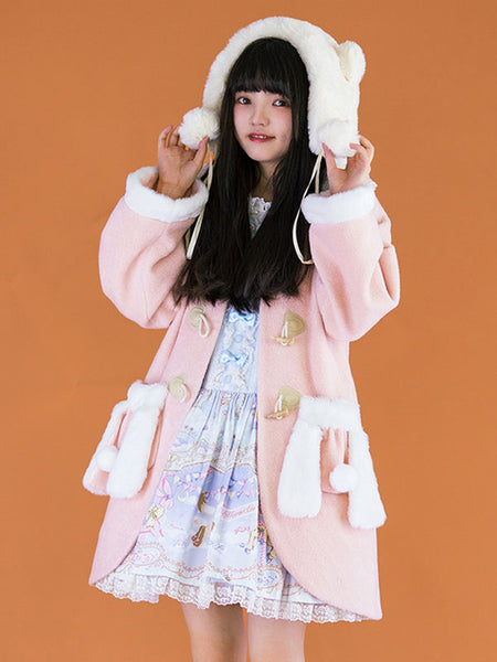 Pink Lolita Coats Lace Pom Poms Polyester Overcoat Color Block Winter Lolita Outwears