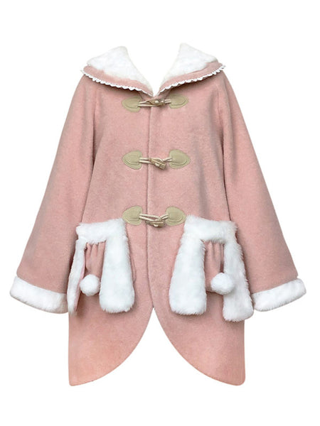 Pink Lolita Coats Lace Pom Poms Polyester Overcoat Color Block Winter Lolita Outwears