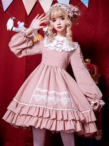 Pink Sweet Lolita OP Dress Neverland Floral Print Long Sleeve Ruffles Cotton Lolita One Piece Dresses