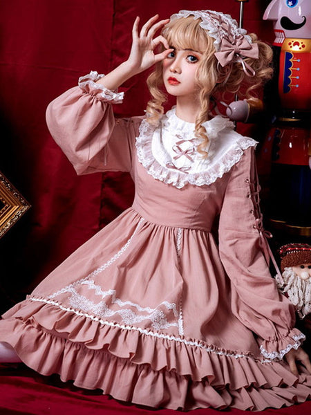 Pink Sweet Lolita OP Dress Neverland Floral Print Long Sleeve Ruffles Cotton Lolita One Piece Dresses