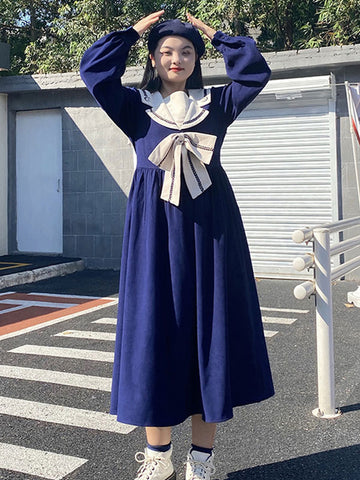 Plus Size Sweet Lolita OP Dress Polyester Long Sleeves Navy Lolita One Piece Dress