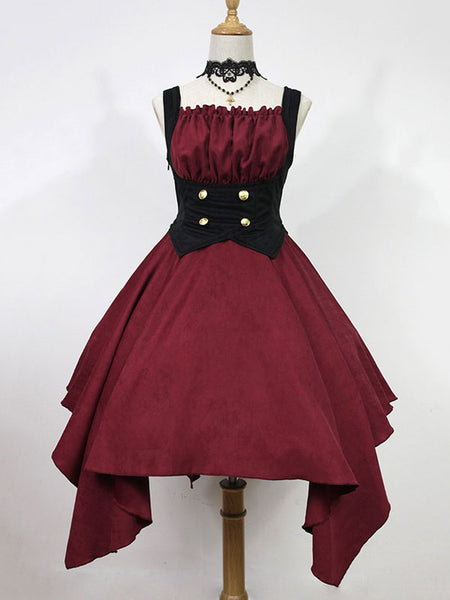 Pre-Sale Gothic Lolita JSK Dress Burgundy Sleeveless Ruffles Grommets Pleated Lolita Jumper Skirt