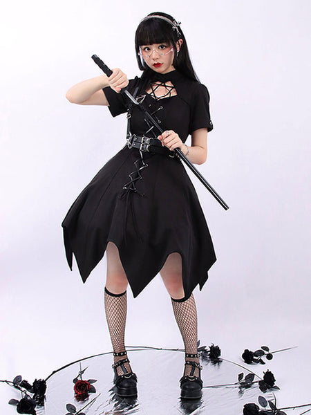 Pre-Sale Gothic Lolita OP Dress Black Short Sleeves Ruffles Lace Up Black Lolita One Piece Dress