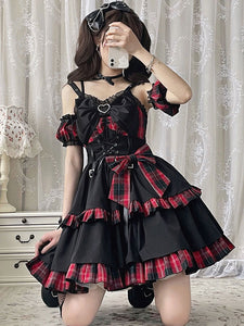 Pre-Sale Idol clothes Lolita JSK Dress Red Plaid Pattern Sleeveless Ruffles Bows Lace Up Lolita Jumper Skirt