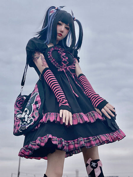 Punk Gothic Harajuku Black Lolita OP Dress Plaid Black Sleeveless Polyester Lolita One Piece Dresses