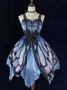 Punk Gothic Lolita JSK Dress Butterfly Sleeveless Bows Blue Lolita Jumper Skirt