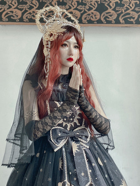 Punk Gothic Lolita JSK Dress Stars Print Bows Black Sleeveless Polyester Lolita Jumper Skirts