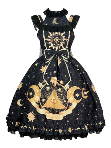 Punk Gothic Lolita JSK Dress Stars Print Bows Black Sleeveless Polyester Lolita Jumper Skirts