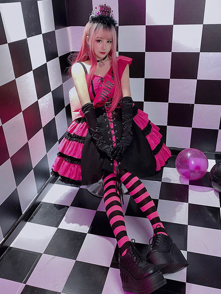 Punk Gothic Sweet Lolita JSK Dress Hot Pink Sleeveless Polyester Harajuku Lolita Jumper Skirts