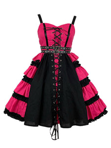 Punk Gothic Sweet Lolita JSK Dress Hot Pink Sleeveless Polyester Harajuku Lolita Jumper Skirts