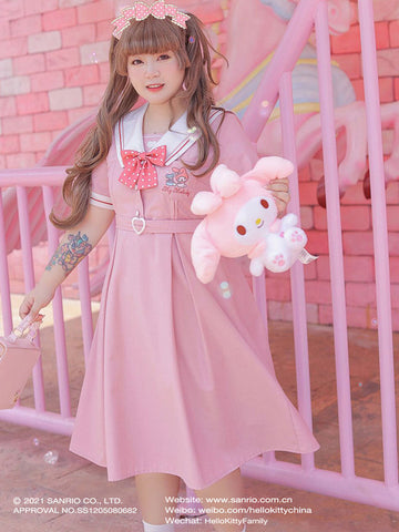 Sanrio Authorized Plus Size Sweet Lolita Dress Polyester Short Sleeves Bows Pink Lolita Dress