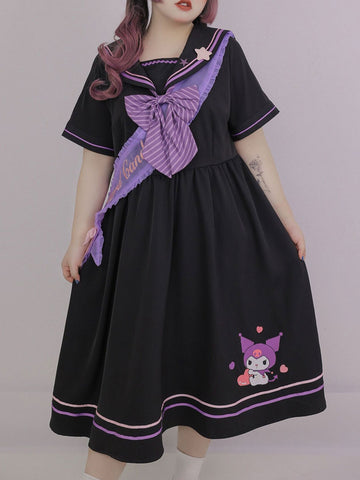 Sanrio Authorized Plus Size Sweet Lolita OP Dress Polyester Sailor Collar Short Sleeves Bows Daily Casual Lolita One Piece Dress