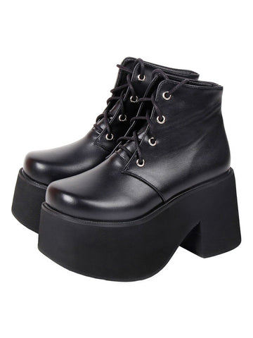 Steampunk Lolita Ankle Boots Black Round Toe Wedge Heel PU Leather Lolita Footwear