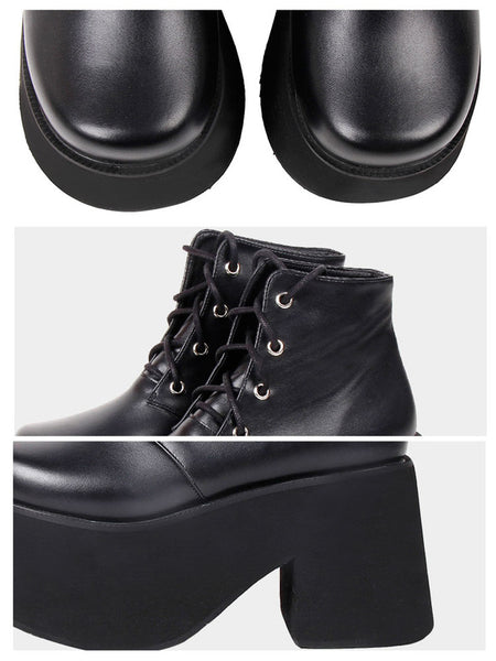 Steampunk Lolita Ankle Boots Black Round Toe Wedge Heel PU Leather Lolita Footwear