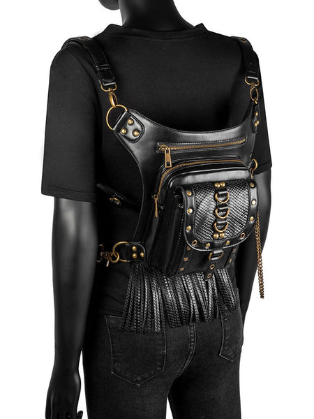 Steampunk Lolita Bag Black PU Leather Rivets Fringe Cross-body Bag Gothic Lolita Accessories