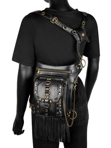 Steampunk Lolita Bag Black PU Leather Rivets Fringe Cross-body Bag Gothic Lolita Accessories