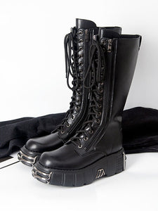 Steampunk Lolita Boots Black Lace Up Metallic Round Toe PU Leather Lolita Footwear