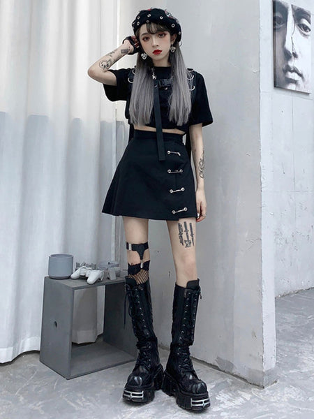 Steampunk Lolita Boots Black Lace Up Metallic Round Toe PU Leather Lolita Footwear