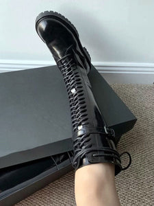 Steampunk Lolita Boots PU Leather Metallic Lace Up Round Toe Black Lolita Footwear