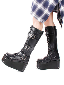 Steampunk Lolita Boots PU Leather Round Toe Wedge Heel Black Lolita Footwear