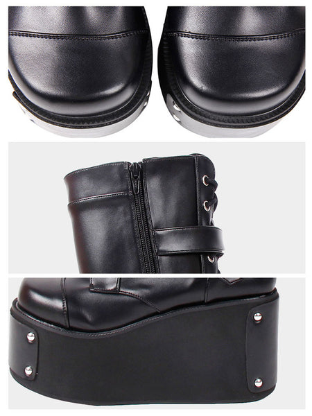 Steampunk Lolita Boots PU Leather Round Toe Wedge Heel Black Lolita Footwear