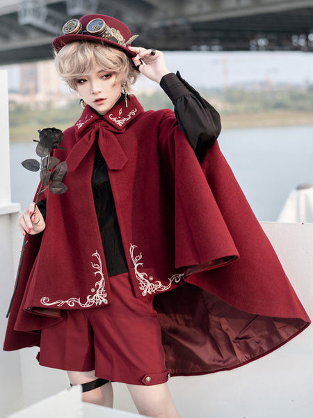 Steampunk Lolita Cape Burgundy Polyester Embroidered Floral Print Winter Lolita Outwears