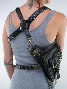 Steampunk Lolita Handbag Black PU Leather Rivets Skeleton Waist Pack Gothic Lolita Accessories