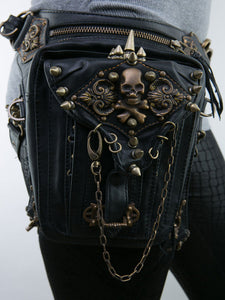 Steampunk Lolita Handbag Black PU Leather Rivets Skeleton Waist Pack Gothic Lolita Accessories