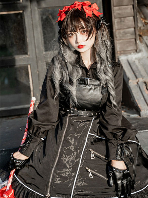 Steampunk Lolita JSK Dress Neverland Floral Print Ruffles Black Sweet ...