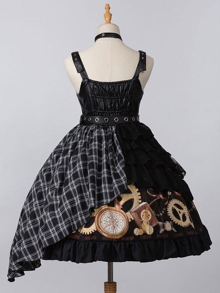 Steampunk Lolita JSK Dress Sleeveless Metal Details PU Leather Black Plaid Lolita Jumper Skirts