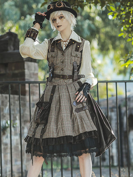 Steampunk Lolita SK 2-Piece Set Infanta Coffee Brown Metal Details Cotton Blend Velour Lolita Overskirt Outfits