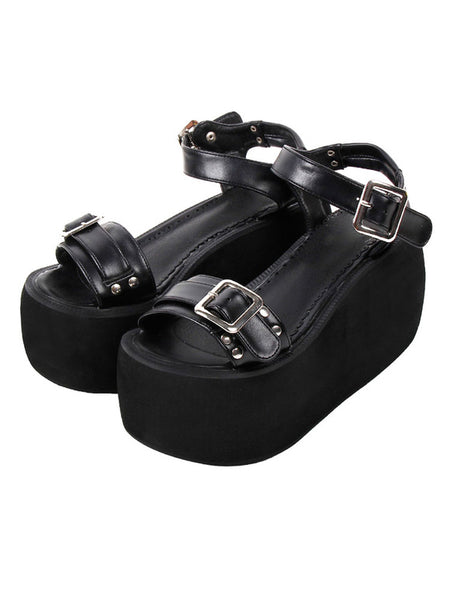 Steampunk Lolita Sandals Open Toe PU Leather Black Lolita Summer Shoes