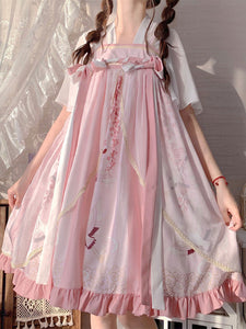 Sweet Chinese Style Lolita JSK Dress 2-Piece Set Pink Short Sleeves Ruffles Lolita Jumper Skirts Outfits