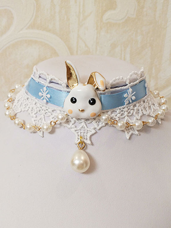 Sweet Lolita Accessories Light Sky Blue Lace Polyester Fiber Choker Bunny Pattern Miscellaneous