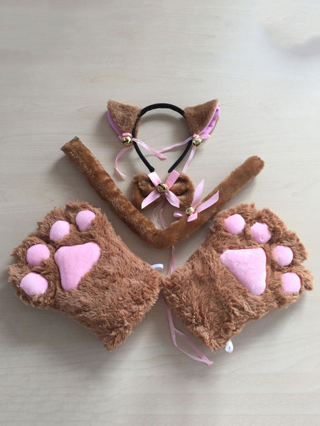 Sweet Lolita Accessories Pink Cats Ears Gloves Tail 3-Pieces Set Lolita Accessory Outfits