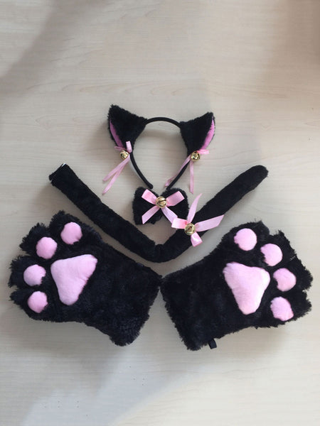 Sweet Lolita Accessories Pink Cats Ears Gloves Tail 3-Pieces Set Lolita Accessory Outfits