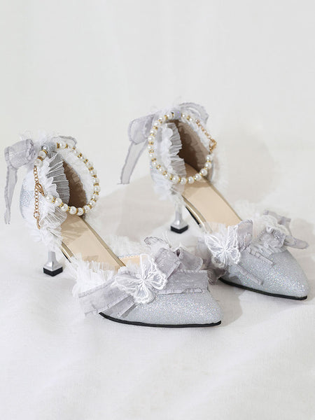 Sweet Lolita Ankle Strap Heel Butterfly Pattern Lace Butterfly Pearls Pointed Toe Monogram Suede Sliver Lolita Shoes