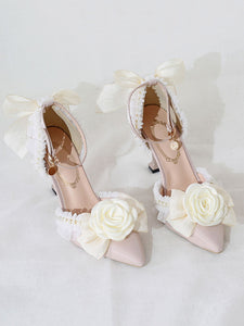 Sweet Lolita Ankle Strap Heel Ecru White Flowers Pearls Lace Nubuck Stiletto Heel Lolita Shoes