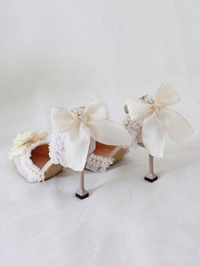 Sweet Lolita Ankle Strap Heel Ecru White Flowers Pearls Lace Nubuck Stiletto Heel Lolita Shoes